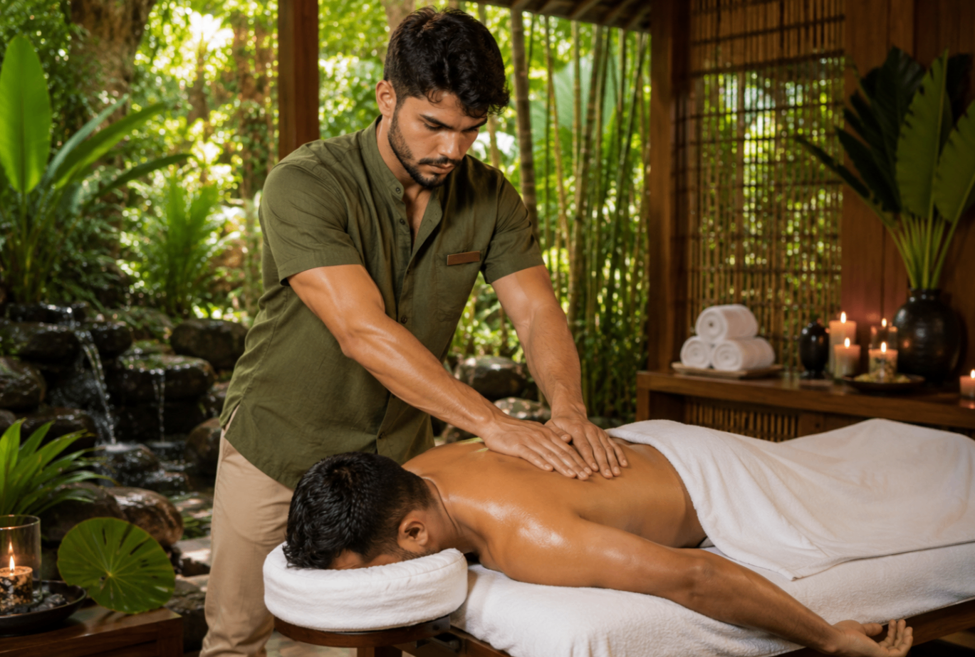 Massagem profissional em ambiente tropical com maca e iluminação natural