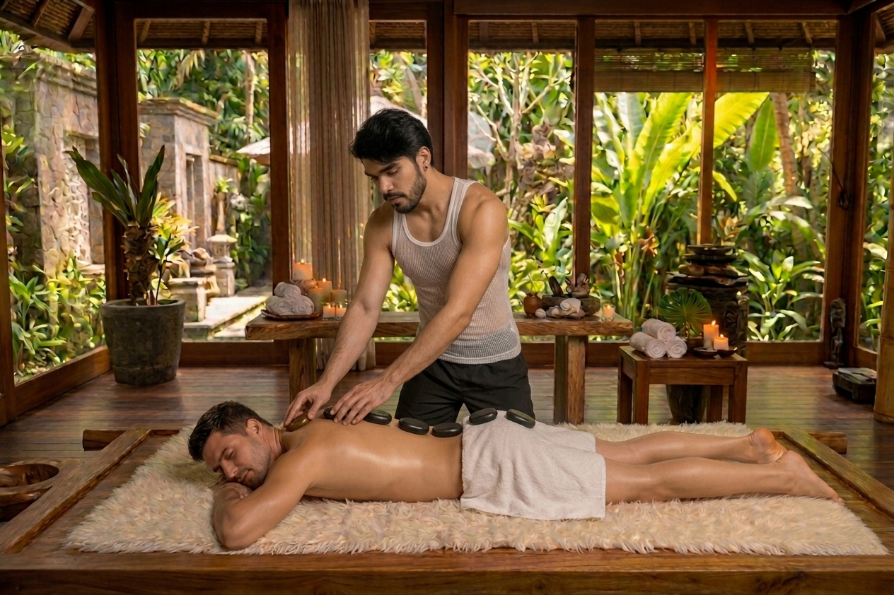 Terapia com pedras quentes em espaço natural sofisticado