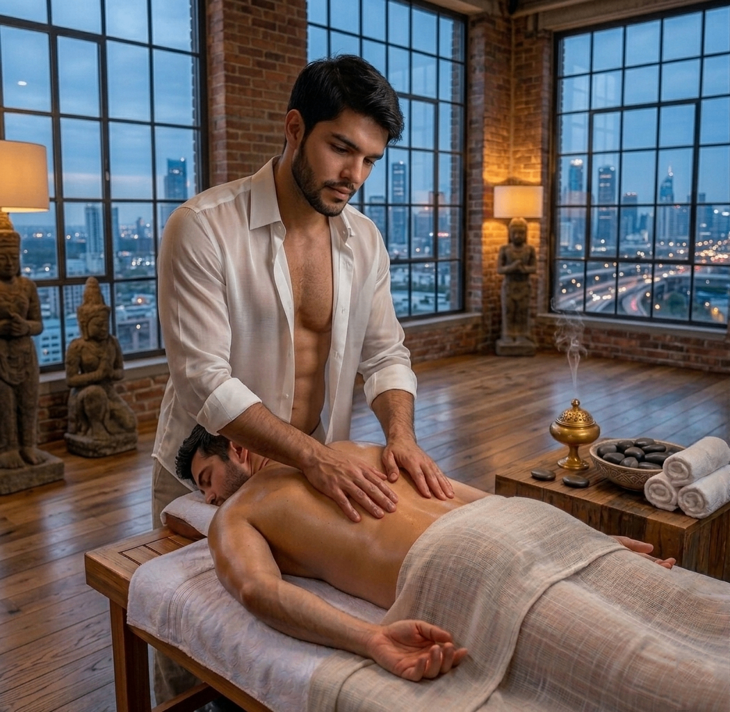 Massoterapia profissional em ambiente loft com vista urbana e iluminação quente