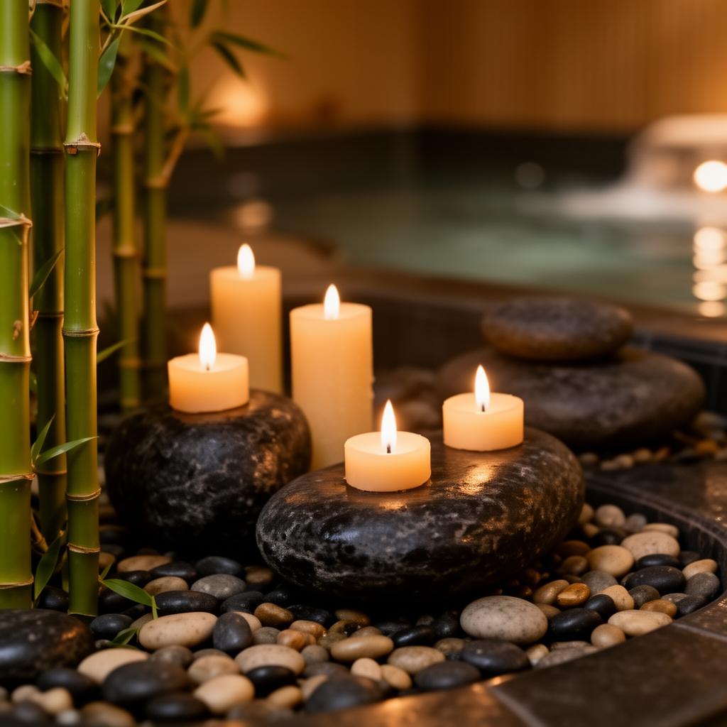 Velas acesas entre bambu e pedras em ambiente sereno