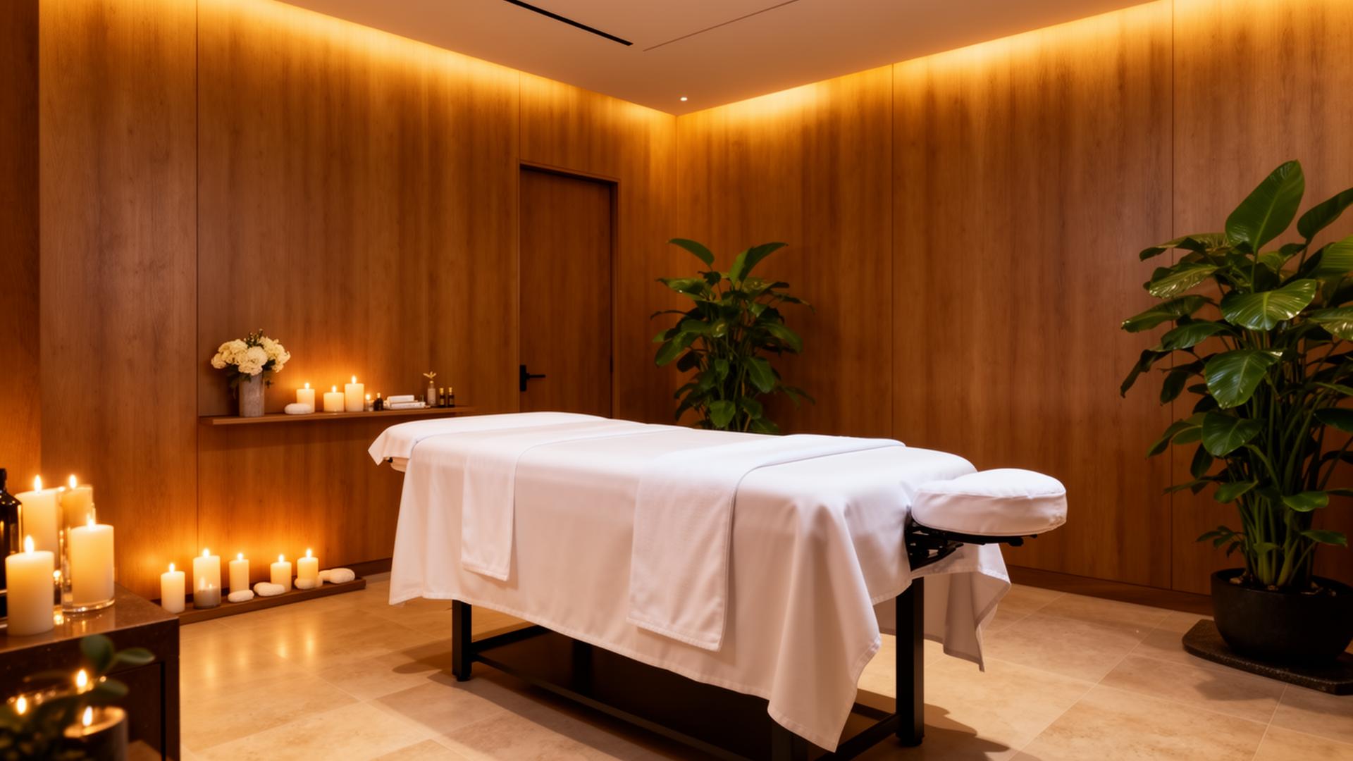 Sala de massoterapia com iluminação âmbar, maca profissional e velas